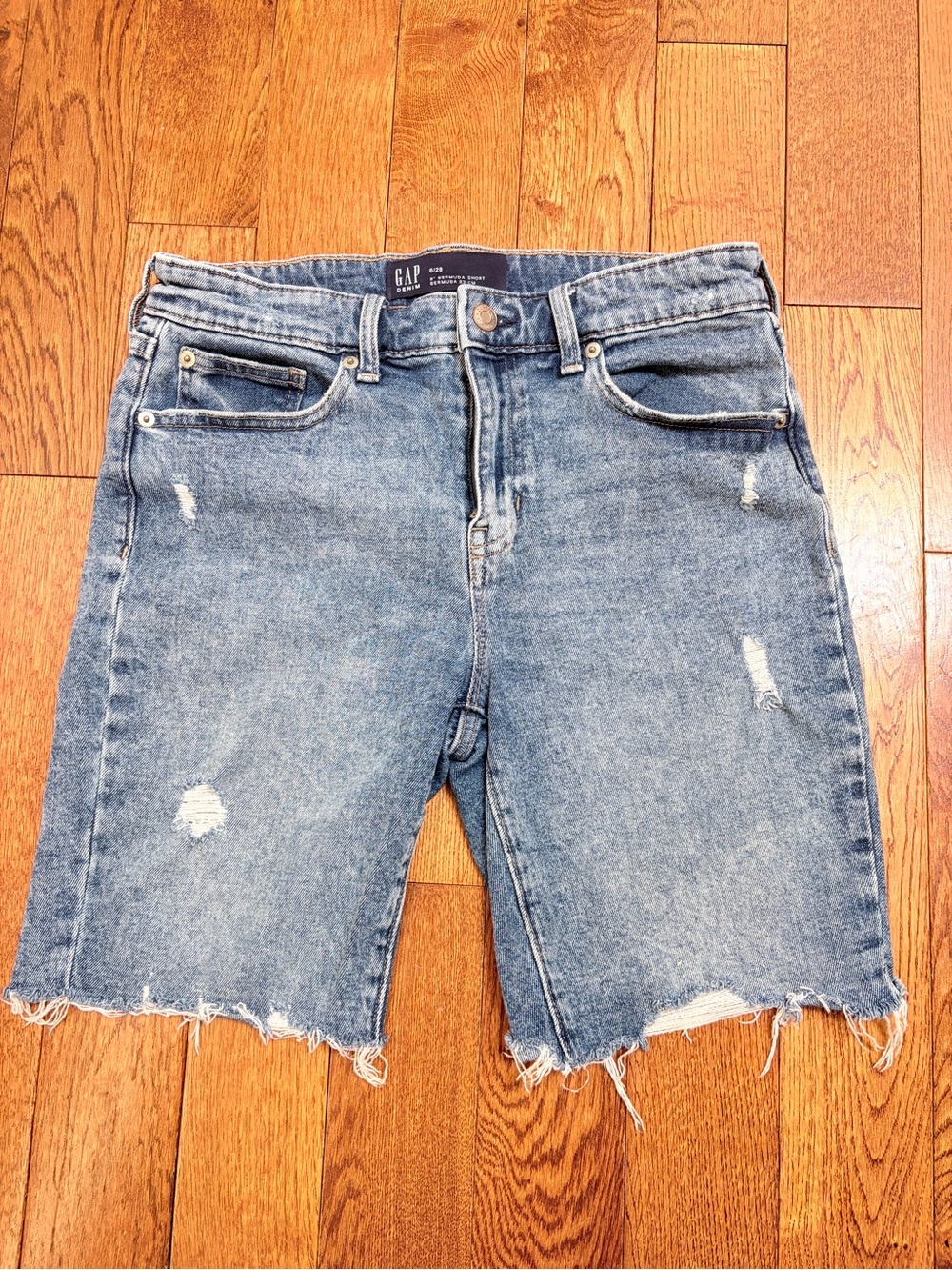 GAP Medium Light Blue Distressed High-Rise Denim Bermuda 9” Shorts